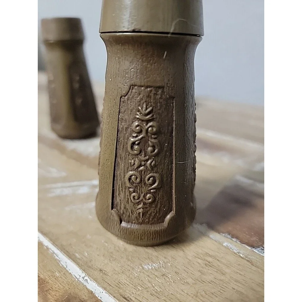 Vintage MCM Salt and Pepper Shakers Brown Plastic Bolta Textured Scroll Design
